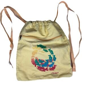 Authentic Pigment Cinch Sack 100 % Cotton Canvas yellow Ocean Fish 14 X 17”